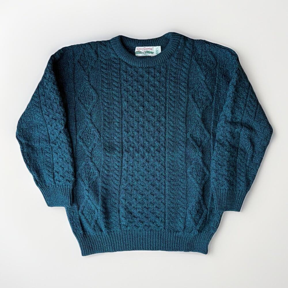 Vintage Celtic Country Cable Knit Wool Sweater Large Green Fisherman Pullover